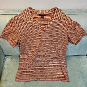 Express Orange Multi Horizontal Stripes Buttonless Polo Shirt Women's Medium